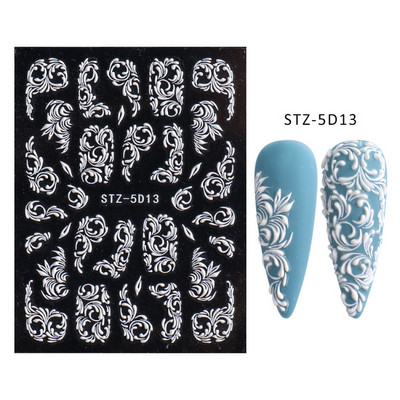 Valge lillega pits 5D reljeefsed kleebised küünekleebised õõnsad reljeefsed lilled, lehtede disain pulma maniküüri kaunistused LAKJ5D044