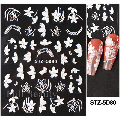 Valge lillega pits 5D reljeefsed kleebised küünekleebised õõnsad reljeefsed lilled, lehtede disain pulma maniküüri kaunistused LAKJ5D044