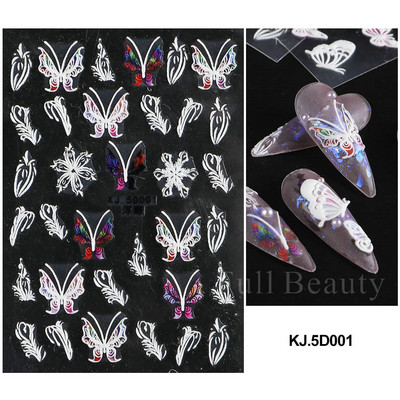 Valge lillega pits 5D reljeefsed kleebised küünekleebised õõnsad reljeefsed lilled, lehtede disain pulma maniküüri kaunistused LAKJ5D044