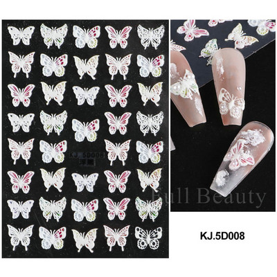 Valge lillega pits 5D reljeefsed kleebised küünekleebised õõnsad reljeefsed lilled, lehtede disain pulma maniküüri kaunistused LAKJ5D044