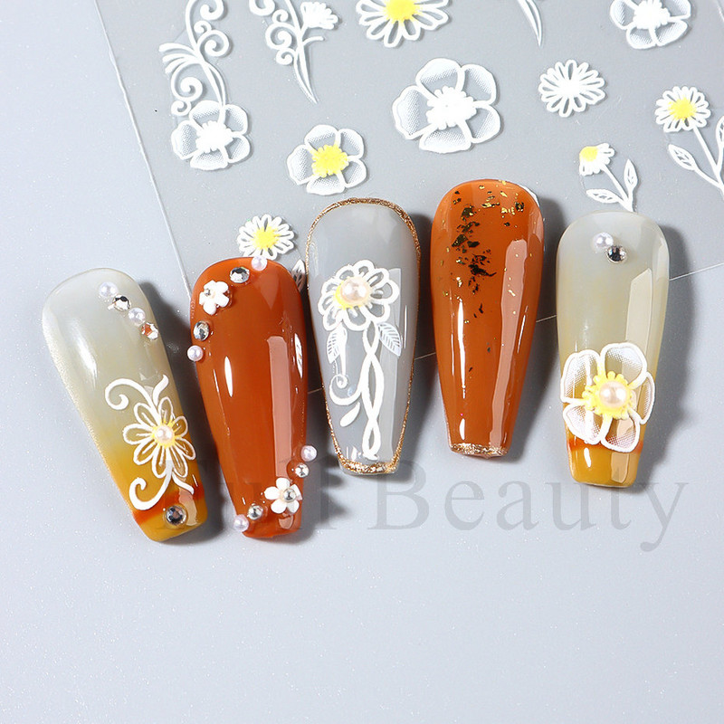 Valge lillega pits 5D reljeefsed kleebised küünekleebised õõnsad reljeefsed lilled, lehtede disain pulma maniküüri kaunistused LAKJ5D044