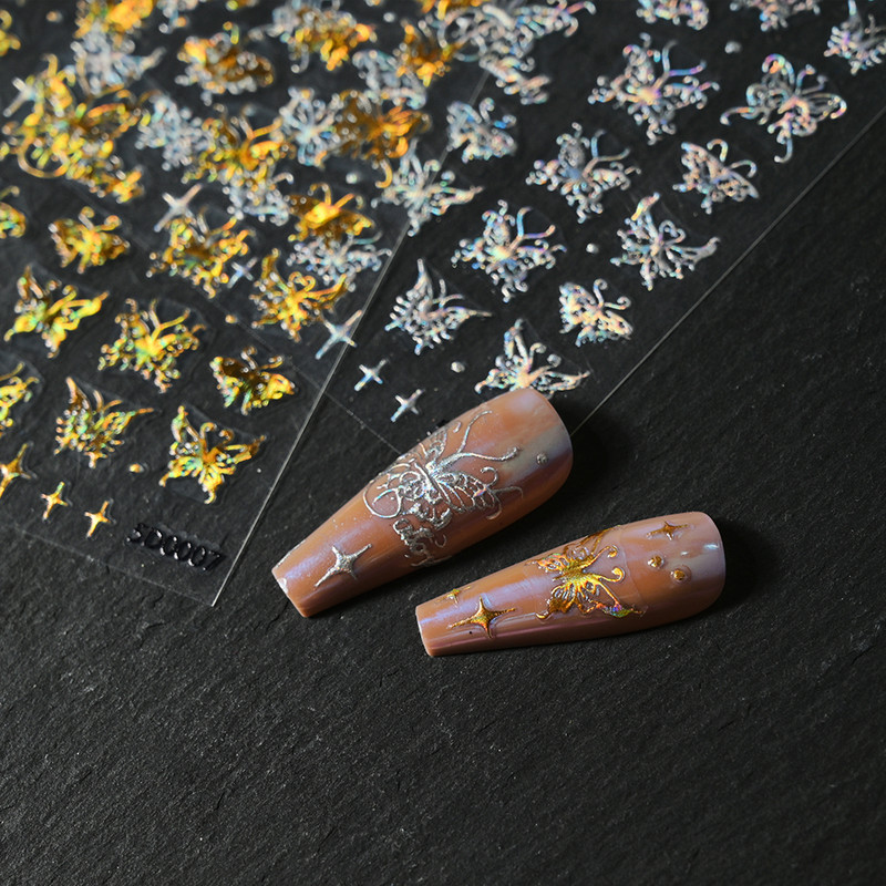 Laserski zlatni/srebrni šuplji leptir naljepnica za nokte Holografski leptiri ljepljivi klizač gel lak naljepnice Nail Art Decoratio