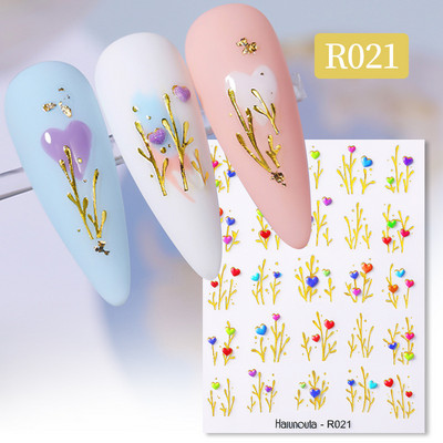 Auksinė gėlė 5D nagų lipdukai reljefiniai gėlių širdelės nagų lipdukai Dekoras pavasario akrilo lipnūs slankikliai manikiūras