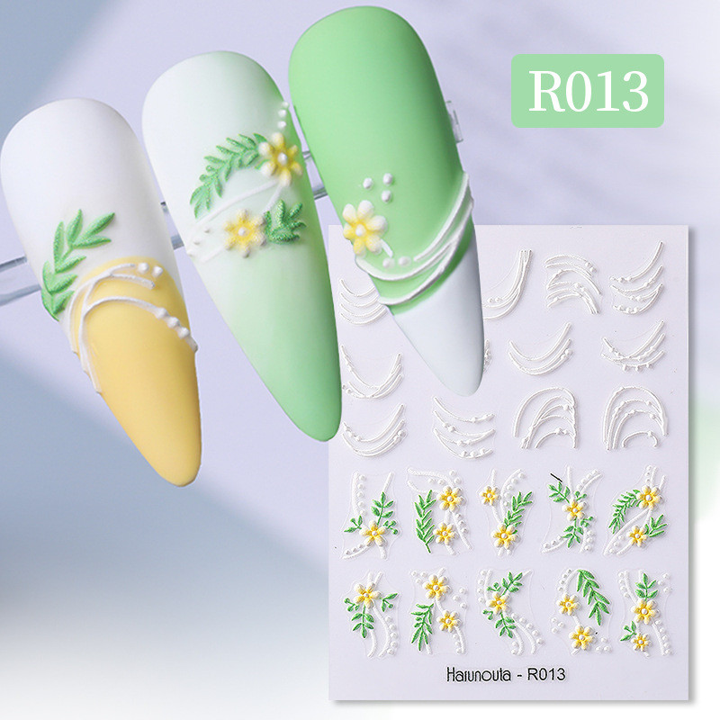 Auksinė gėlė 5D nagų lipdukai reljefiniai gėlių širdelės nagų lipdukai Dekoras pavasario akrilo lipnūs slankikliai manikiūras