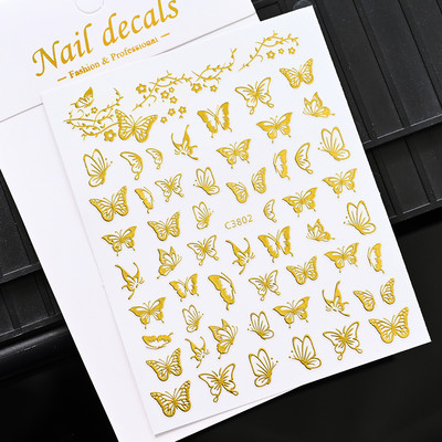 1 db arany ezüst fém pillangó lézeres körömmatrica 3D bronzosító öntapadó körömmatricák barkácsolás holografikus körömdíszítés TZ0238