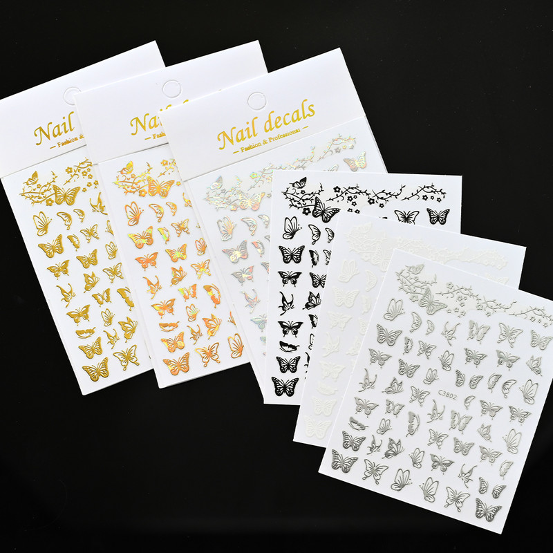 1 db arany ezüst fém pillangó lézeres körömmatrica 3D bronzosító öntapadó körömmatricák barkácsolás holografikus körömdíszítés TZ0238