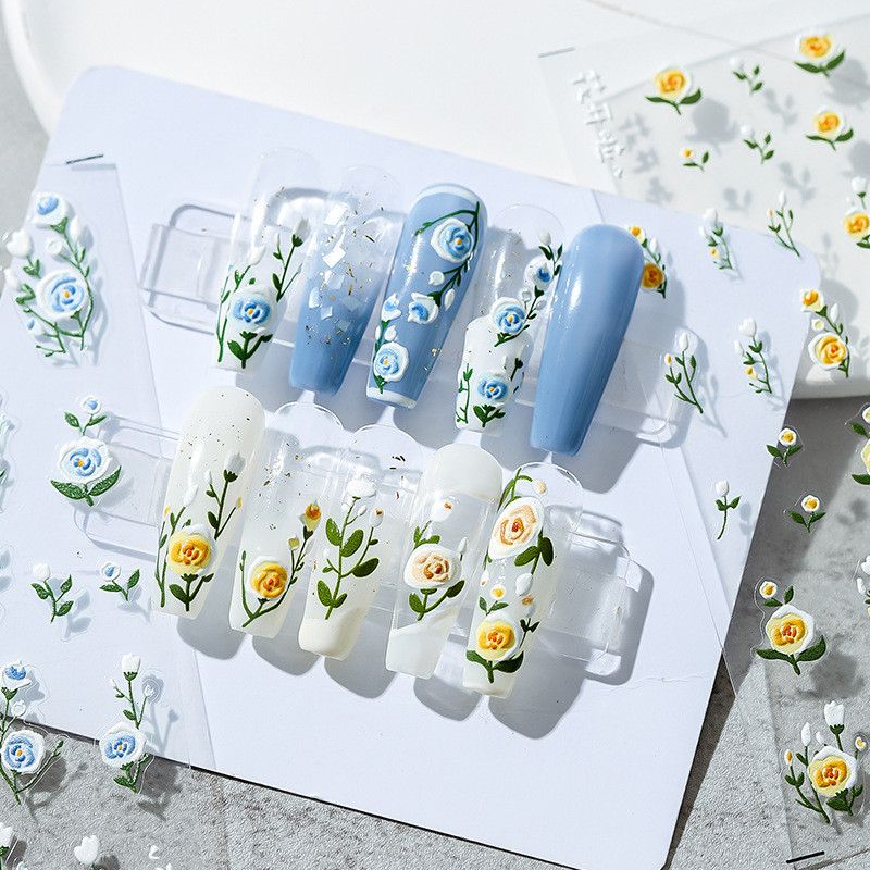 Rõivas sinine kollane roosiõis 5D pehmed reljeefsed reljeefid isekleepuvad küünte kaunistused kleebis taim 3D maniküüri telefoni kleebised
