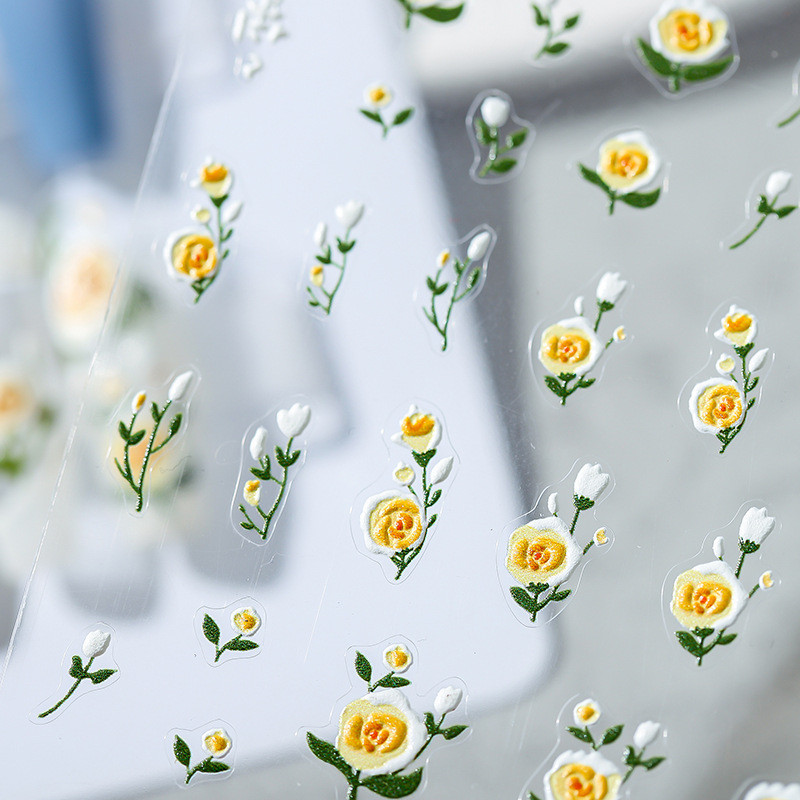 Rõivas sinine kollane roosiõis 5D pehmed reljeefsed reljeefid isekleepuvad küünte kaunistused kleebis taim 3D maniküüri telefoni kleebised