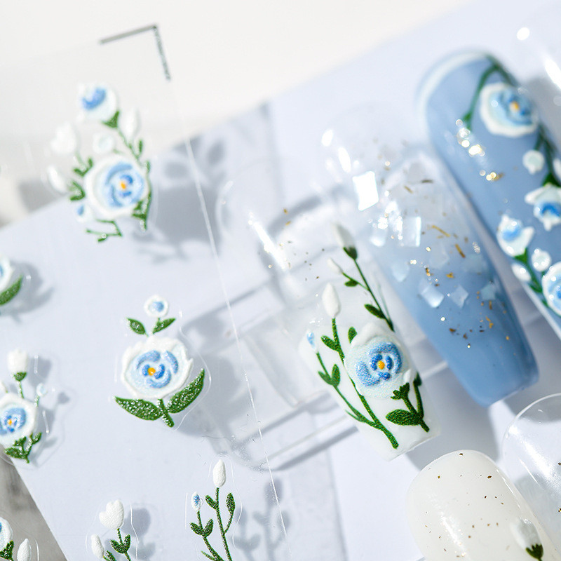 Rõivas sinine kollane roosiõis 5D pehmed reljeefsed reljeefid isekleepuvad küünte kaunistused kleebis taim 3D maniküüri telefoni kleebised