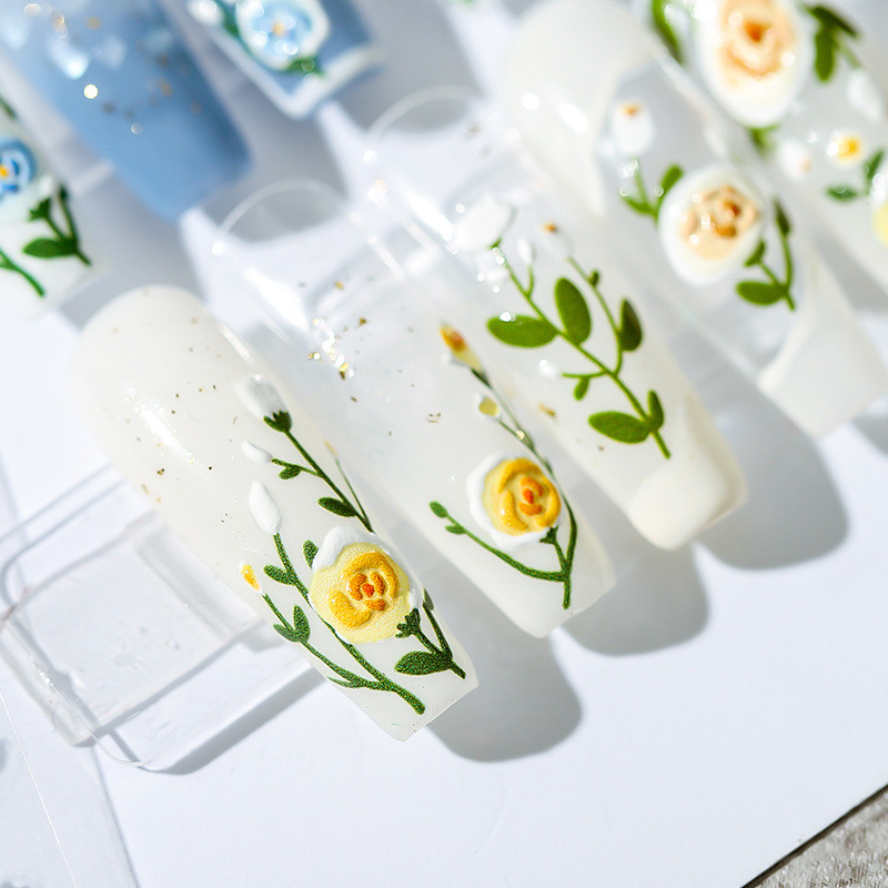 Rõivas sinine kollane roosiõis 5D pehmed reljeefsed reljeefid isekleepuvad küünte kaunistused kleebis taim 3D maniküüri telefoni kleebised