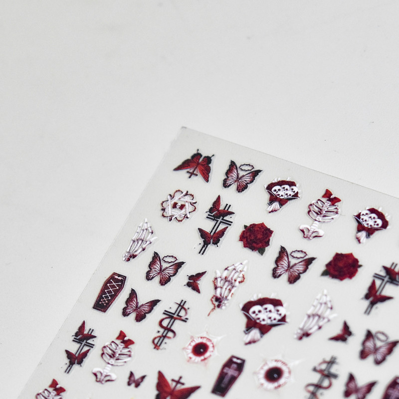 Αυτοκόλλητο αυτοκόλλητο αυτοκόλλητο νυχιών τέχνης με σκούρο φέρετρο 3D αυτοκόλλητο για μανικιούρ με σκελετό κόκκινο τριαντάφυλλο
