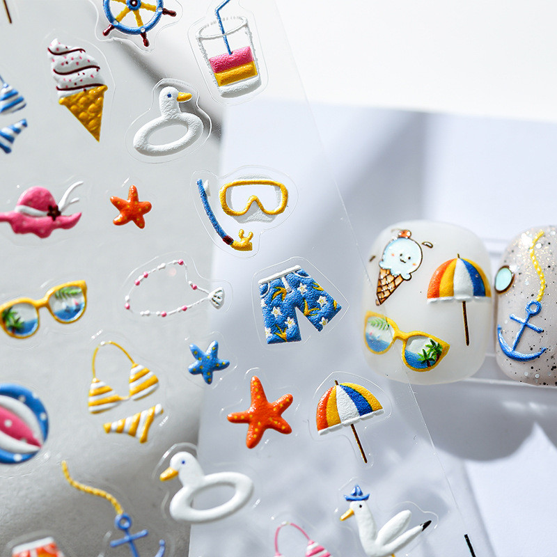 Nyári strand aranyos rajzfilm 5D puha domborművek öntapadó körömdíszítés matricák tengeri ünnep nő 3D köröm matricák nagykereskedés