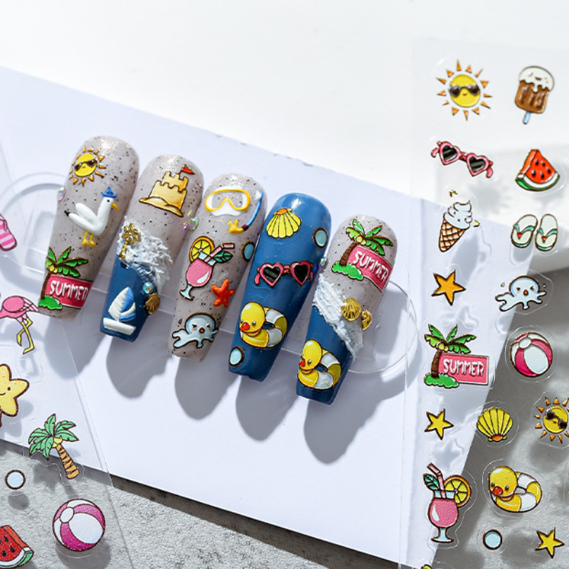 Nyári strand aranyos rajzfilm 5D puha domborművek öntapadó körömdíszítés matricák tengeri ünnep nő 3D köröm matricák nagykereskedés