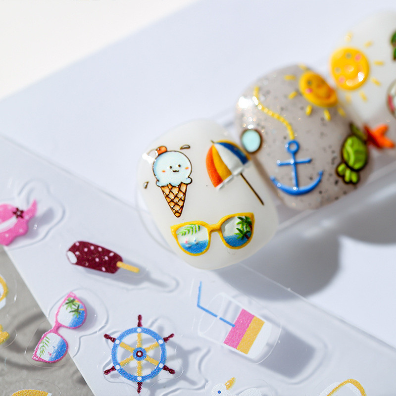 Nyári strand aranyos rajzfilm 5D puha domborművek öntapadó körömdíszítés matricák tengeri ünnep nő 3D köröm matricák nagykereskedés