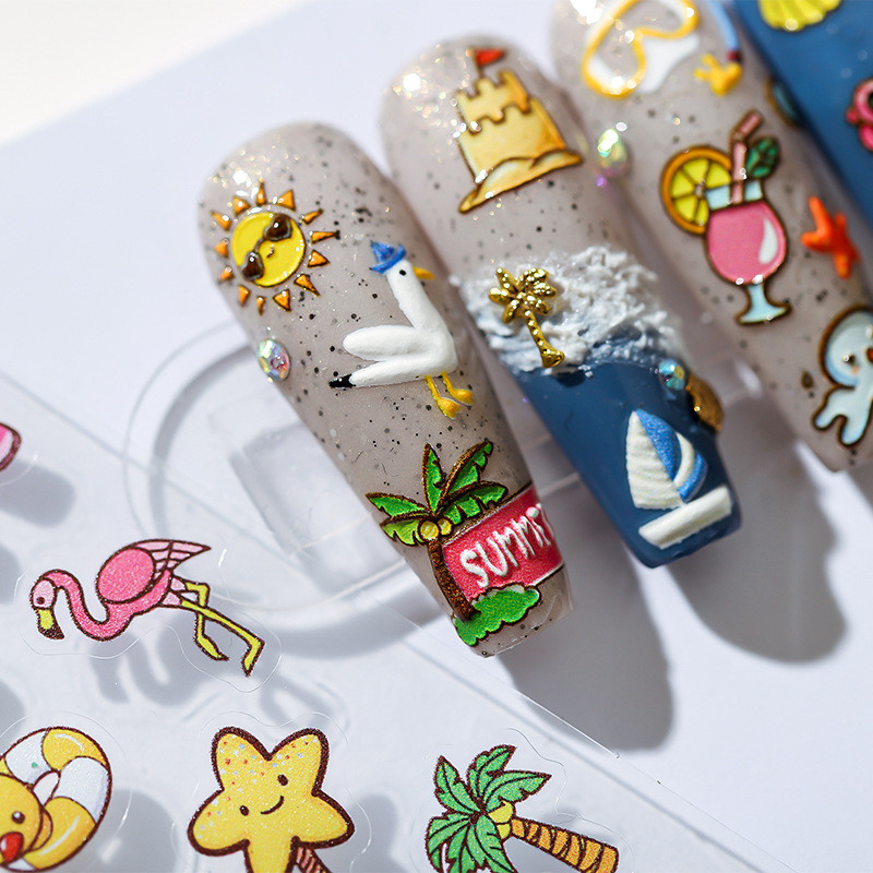 Nyári strand aranyos rajzfilm 5D puha domborművek öntapadó körömdíszítés matricák tengeri ünnep nő 3D köröm matricák nagykereskedés