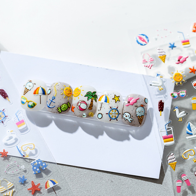 Nyári strand aranyos rajzfilm 5D puha domborművek öntapadó körömdíszítés matricák tengeri ünnep nő 3D köröm matricák nagykereskedés