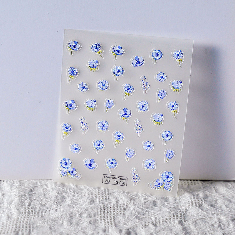 Cvjetovi plave anemone 5D meki reljefni reljefi Samoljepljive naljepnice za nokte Tratinčica Bijelo zvono Orhideja Naljepnice za manikuru Veleprodaja