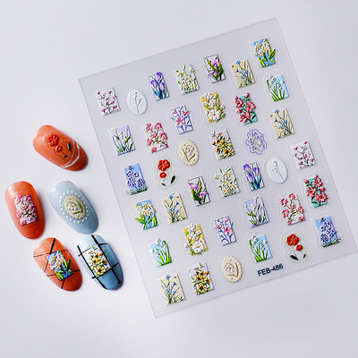 Vintage kék piros vízfesték pillangó retro virág kínai stílusú 3D öntapadó köröm matrica orchidea bambusz manikűr matricák