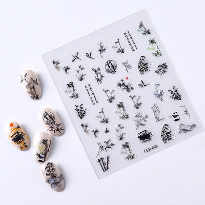 Vintage kék piros vízfesték pillangó retro virág kínai stílusú 3D öntapadó köröm matrica orchidea bambusz manikűr matricák