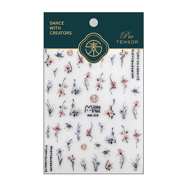 Vintage kék piros vízfesték pillangó retro virág kínai stílusú 3D öntapadó köröm matrica orchidea bambusz manikűr matricák