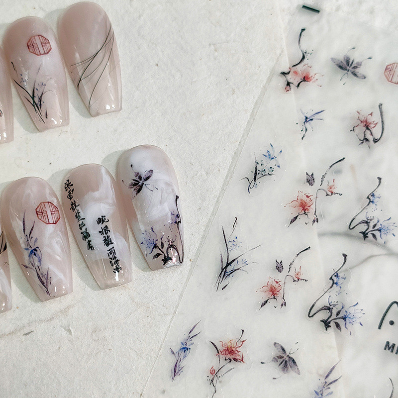 Vintage kék piros vízfesték pillangó retro virág kínai stílusú 3D öntapadó köröm matrica orchidea bambusz manikűr matricák