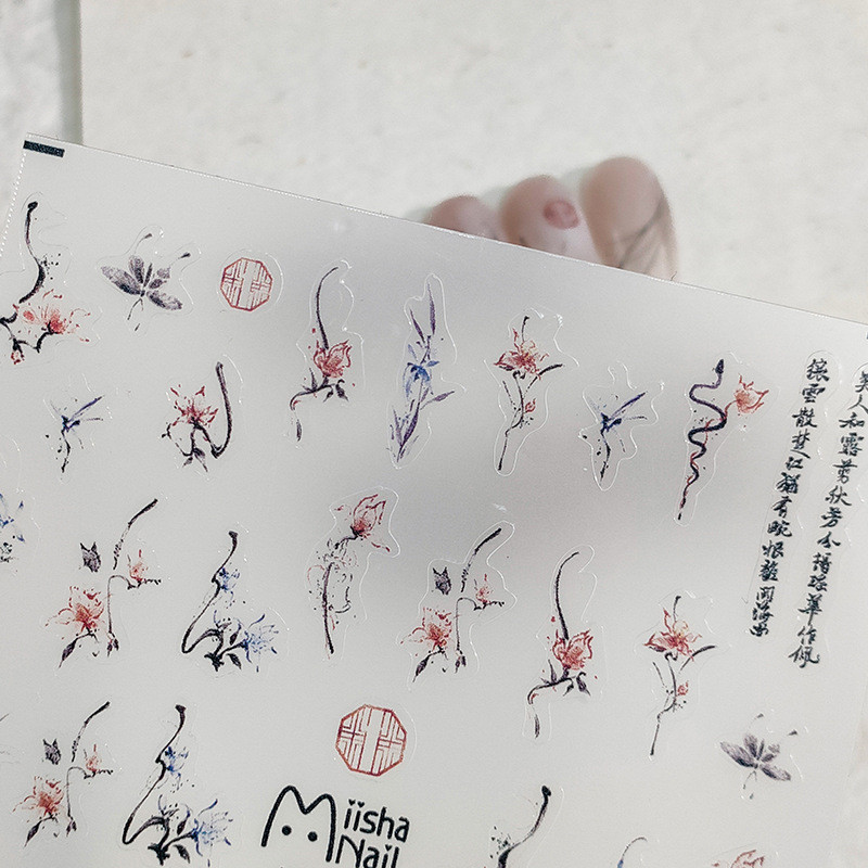 Vintage kék piros vízfesték pillangó retro virág kínai stílusú 3D öntapadó köröm matrica orchidea bambusz manikűr matricák