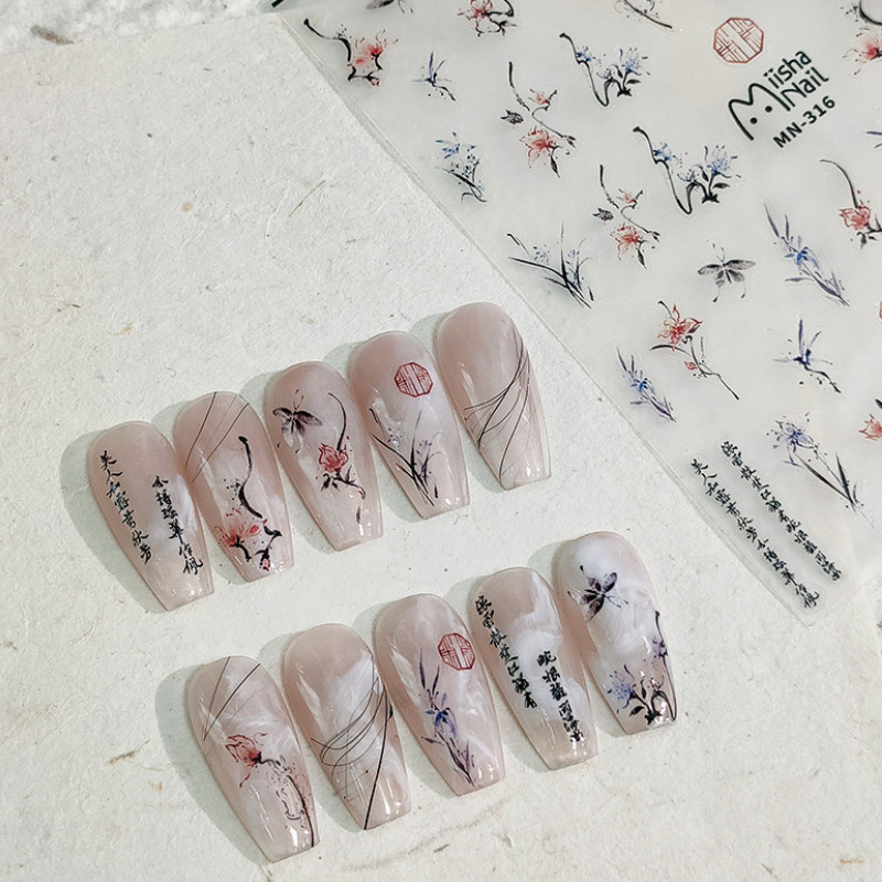 Vintage kék piros vízfesték pillangó retro virág kínai stílusú 3D öntapadó köröm matrica orchidea bambusz manikűr matricák