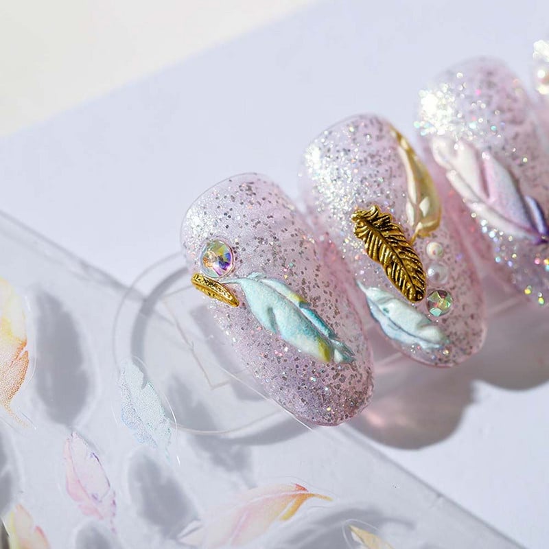 Decal pentru apă Manichiură de vară Folii autoadezive pentru unghii Autocolant pentru unghii gravat 5D Autocolant pentru unghii cu pene Decorare pentru unghii