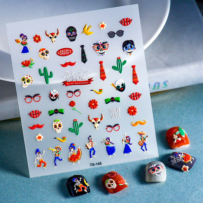 Πολύχρωμο αποκριάτικο χορευτικό μουσικό όργανο μεταμφιέσεων Skull Red Lips Tie 5D ανάγλυφο αυτοκόλλητο αυτοκόλλητο νυχιών 3D χαλκομανίες