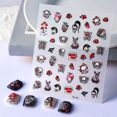 Πολύχρωμο αποκριάτικο χορευτικό μουσικό όργανο μεταμφιέσεων Skull Red Lips Tie 5D ανάγλυφο αυτοκόλλητο αυτοκόλλητο νυχιών 3D χαλκομανίες