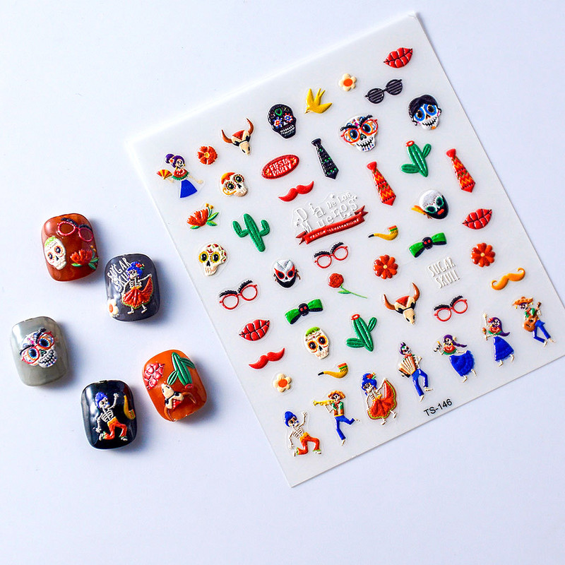 Πολύχρωμο αποκριάτικο χορευτικό μουσικό όργανο μεταμφιέσεων Skull Red Lips Tie 5D ανάγλυφο αυτοκόλλητο αυτοκόλλητο νυχιών 3D χαλκομανίες