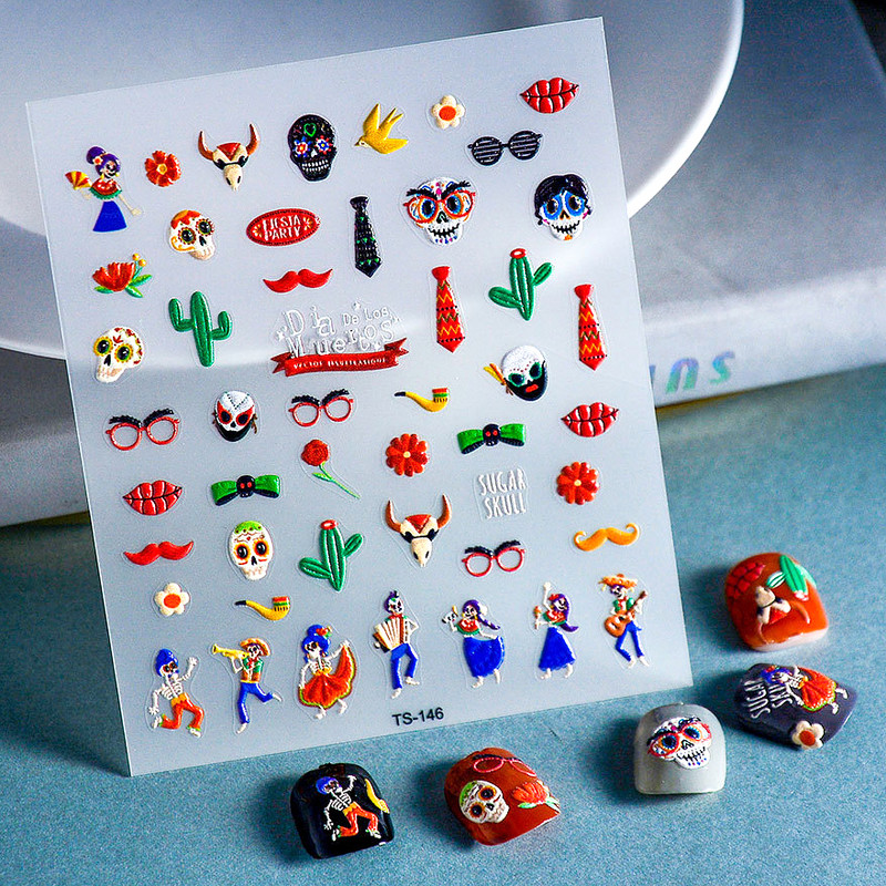 Πολύχρωμο αποκριάτικο χορευτικό μουσικό όργανο μεταμφιέσεων Skull Red Lips Tie 5D ανάγλυφο αυτοκόλλητο αυτοκόλλητο νυχιών 3D χαλκομανίες