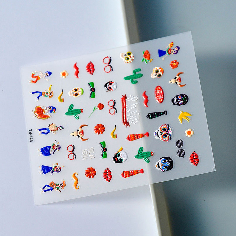 Πολύχρωμο αποκριάτικο χορευτικό μουσικό όργανο μεταμφιέσεων Skull Red Lips Tie 5D ανάγλυφο αυτοκόλλητο αυτοκόλλητο νυχιών 3D χαλκομανίες