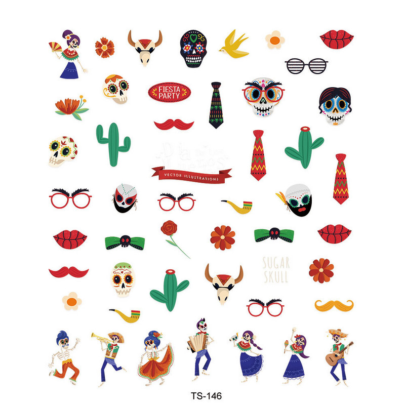 Πολύχρωμο αποκριάτικο χορευτικό μουσικό όργανο μεταμφιέσεων Skull Red Lips Tie 5D ανάγλυφο αυτοκόλλητο αυτοκόλλητο νυχιών 3D χαλκομανίες