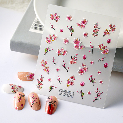 Värske kevadsuvi riietatud roos Punane lilleline 5D pehme reljeefne reljeef Isekleepuvad küünekleebised maniküüri kleebised naine