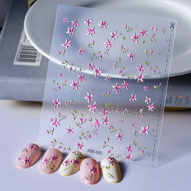 Värske kevadsuvi riietatud roos Punane lilleline 5D pehme reljeefne reljeef Isekleepuvad küünekleebised maniküüri kleebised naine