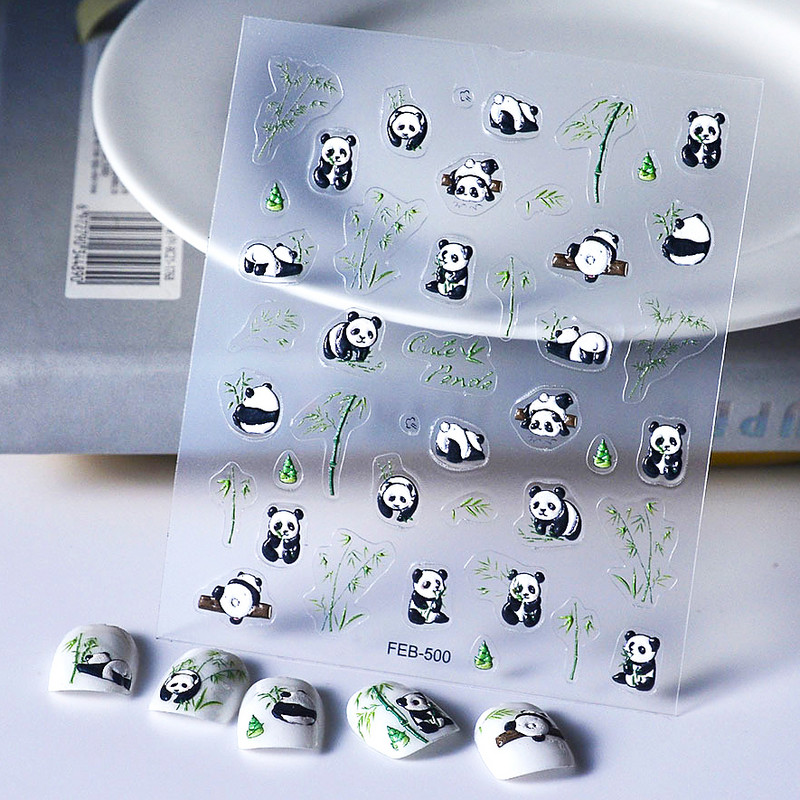 Cute Cartoon Panda Verde Bambus Vii Flor Urs 5D Moale Relief Relief Auto-adeziv Nail Art Autocolant 3D Manichiura Decal Femeie