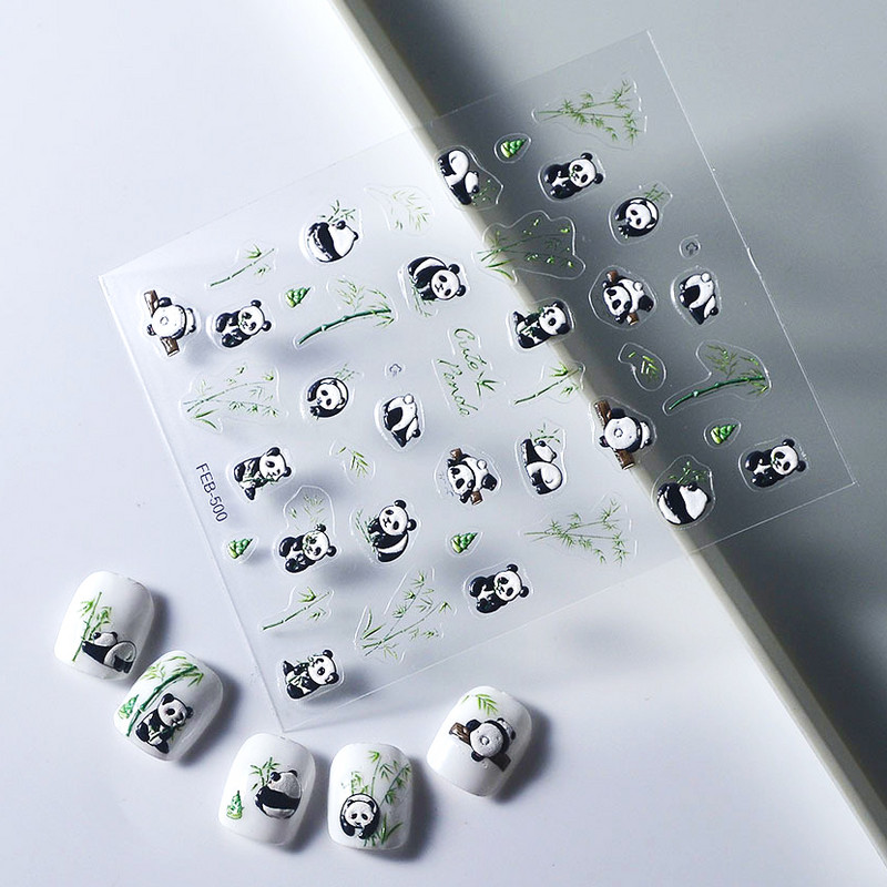 Cute Cartoon Panda Verde Bambus Vii Flor Urs 5D Moale Relief Relief Auto-adeziv Nail Art Autocolant 3D Manichiura Decal Femeie