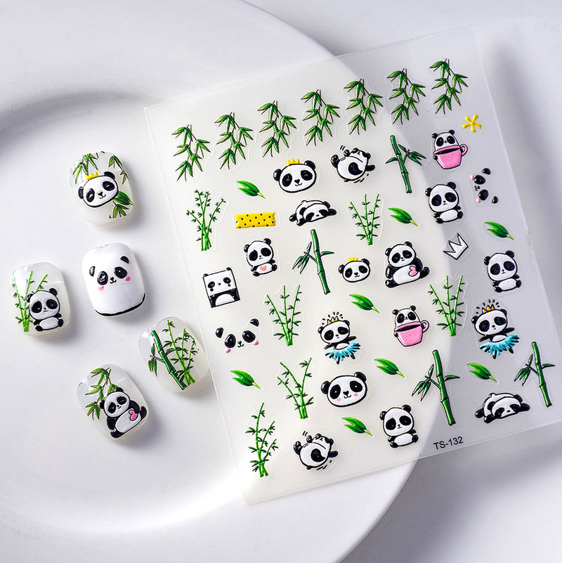 Cute Cartoon Panda Verde Bambus Vii Flor Urs 5D Moale Relief Relief Auto-adeziv Nail Art Autocolant 3D Manichiura Decal Femeie