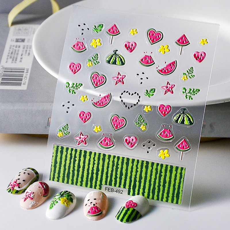 Καλοκαιρινό φρέσκο ζωηρό φρούτο πράσινο λεμόνι ροδάκινο καρπούζι με βατόμουρο φράουλα 3D διακοσμητικό αυτοκόλλητο νυχιών 5D μαλακά ανάγλυφα αυτοκόλλητα