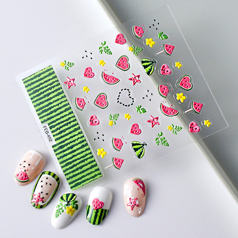 Καλοκαιρινό φρέσκο ζωηρό φρούτο πράσινο λεμόνι ροδάκινο καρπούζι με βατόμουρο φράουλα 3D διακοσμητικό αυτοκόλλητο νυχιών 5D μαλακά ανάγλυφα αυτοκόλλητα