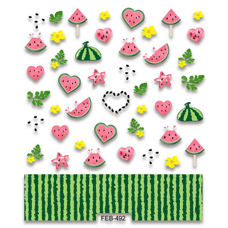 Καλοκαιρινό φρέσκο ζωηρό φρούτο πράσινο λεμόνι ροδάκινο καρπούζι με βατόμουρο φράουλα 3D διακοσμητικό αυτοκόλλητο νυχιών 5D μαλακά ανάγλυφα αυτοκόλλητα