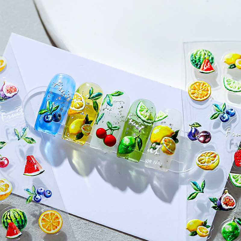 Καλοκαιρινό φρέσκο ζωηρό φρούτο πράσινο λεμόνι ροδάκινο καρπούζι με βατόμουρο φράουλα 3D διακοσμητικό αυτοκόλλητο νυχιών 5D μαλακά ανάγλυφα αυτοκόλλητα
