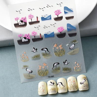 Vintage ókori kínai tintafestmény bambusz díszlet hal nemes hagyományos 5D köröm matrica dekoráció 3D öntapadó matrica