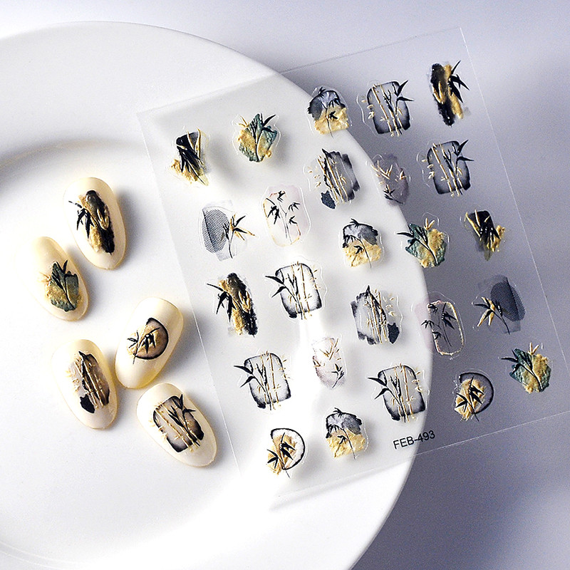 Vintage ókori kínai tintafestmény bambusz díszlet hal nemes hagyományos 5D köröm matrica dekoráció 3D öntapadó matrica