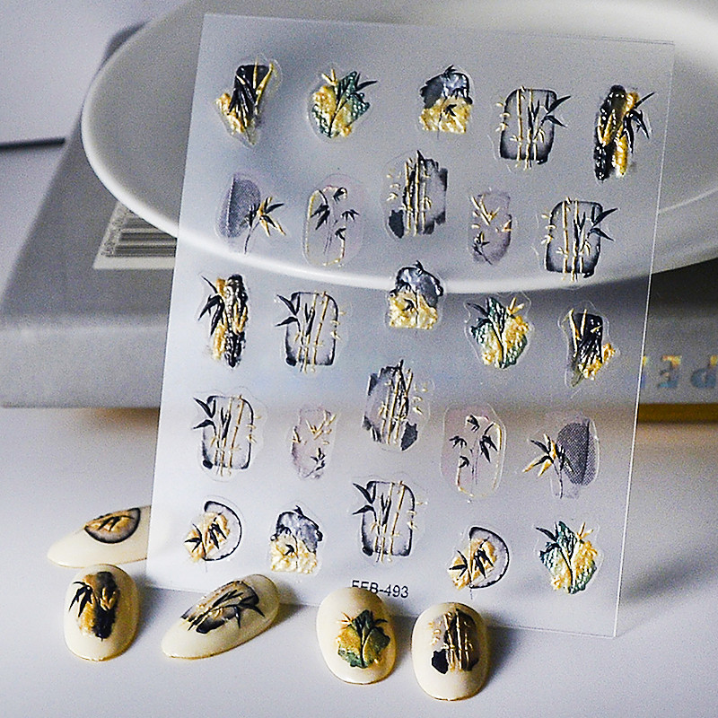 Vintage ókori kínai tintafestmény bambusz díszlet hal nemes hagyományos 5D köröm matrica dekoráció 3D öntapadó matrica