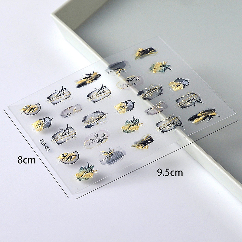 Vintage ókori kínai tintafestmény bambusz díszlet hal nemes hagyományos 5D köröm matrica dekoráció 3D öntapadó matrica