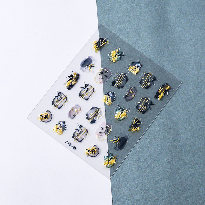 Vintage ókori kínai tintafestmény bambusz díszlet hal nemes hagyományos 5D köröm matrica dekoráció 3D öntapadó matrica