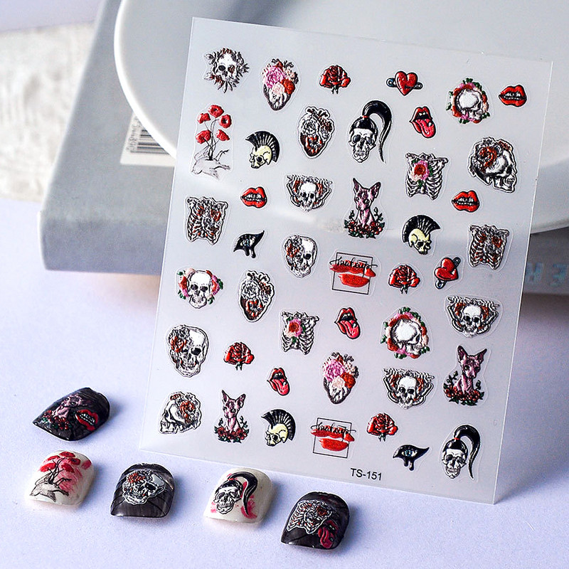 Noć vještica Strašni kostur Usta Srce Visceralni organ Plućni cvijet 5D reljefni reljef Samoljepljive naljepnice za nokte 3D naljepnica Žena