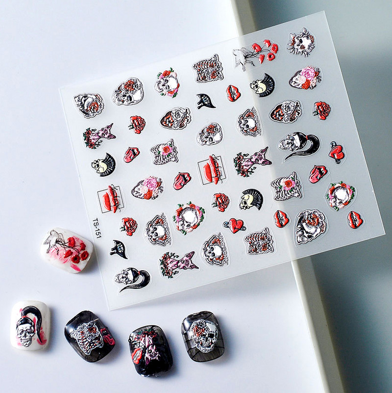 Noć vještica Strašni kostur Usta Srce Visceralni organ Plućni cvijet 5D reljefni reljef Samoljepljive naljepnice za nokte 3D naljepnica Žena